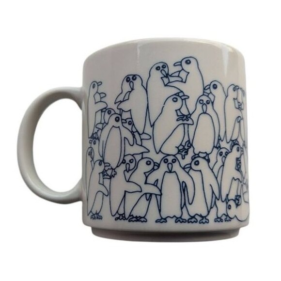 Taylor & Ng Naughty Penguins Orgy Mug 1984 Japan BLUE Vtg - Picture 1 of 6